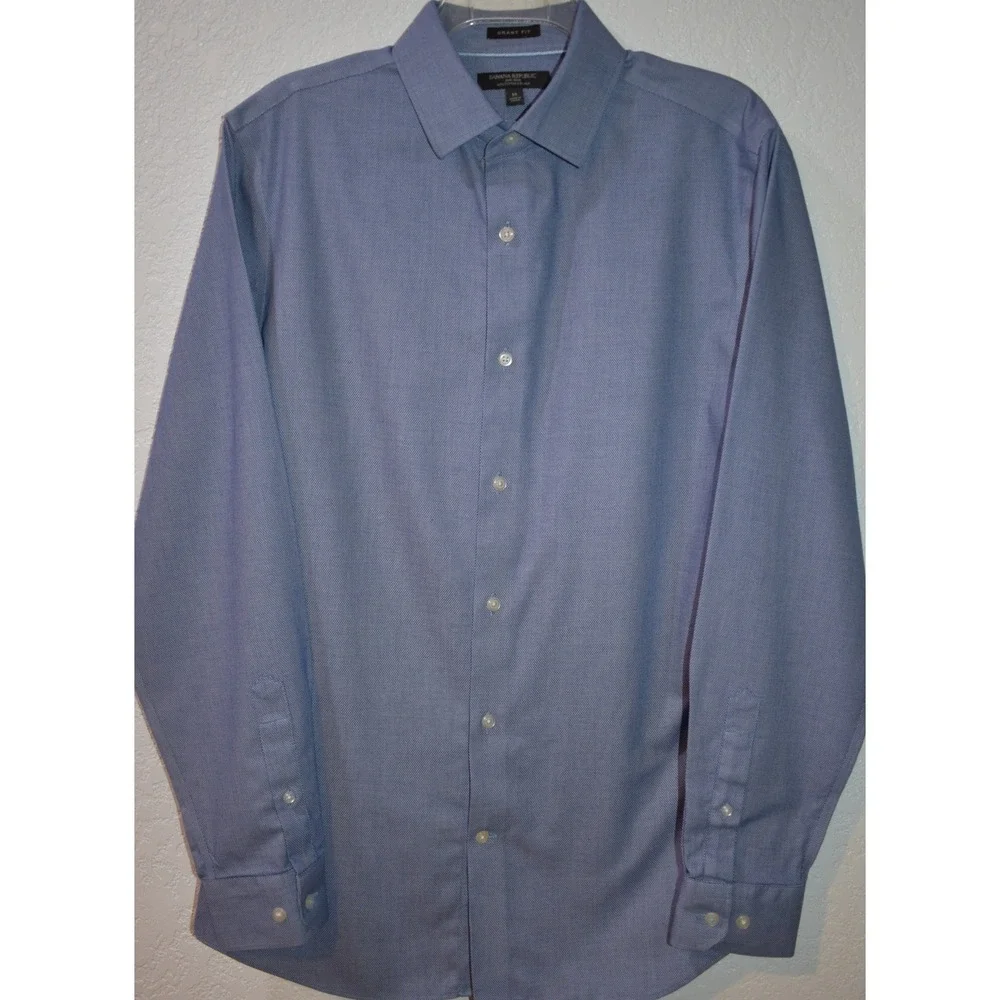 Banana Republic Grant Fit Blue Non-Iron Cotton Stretch Dress Shirt Medium Mens